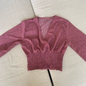 LYANER V Neck Shirred Blouse Mauve with Black Polka Dots